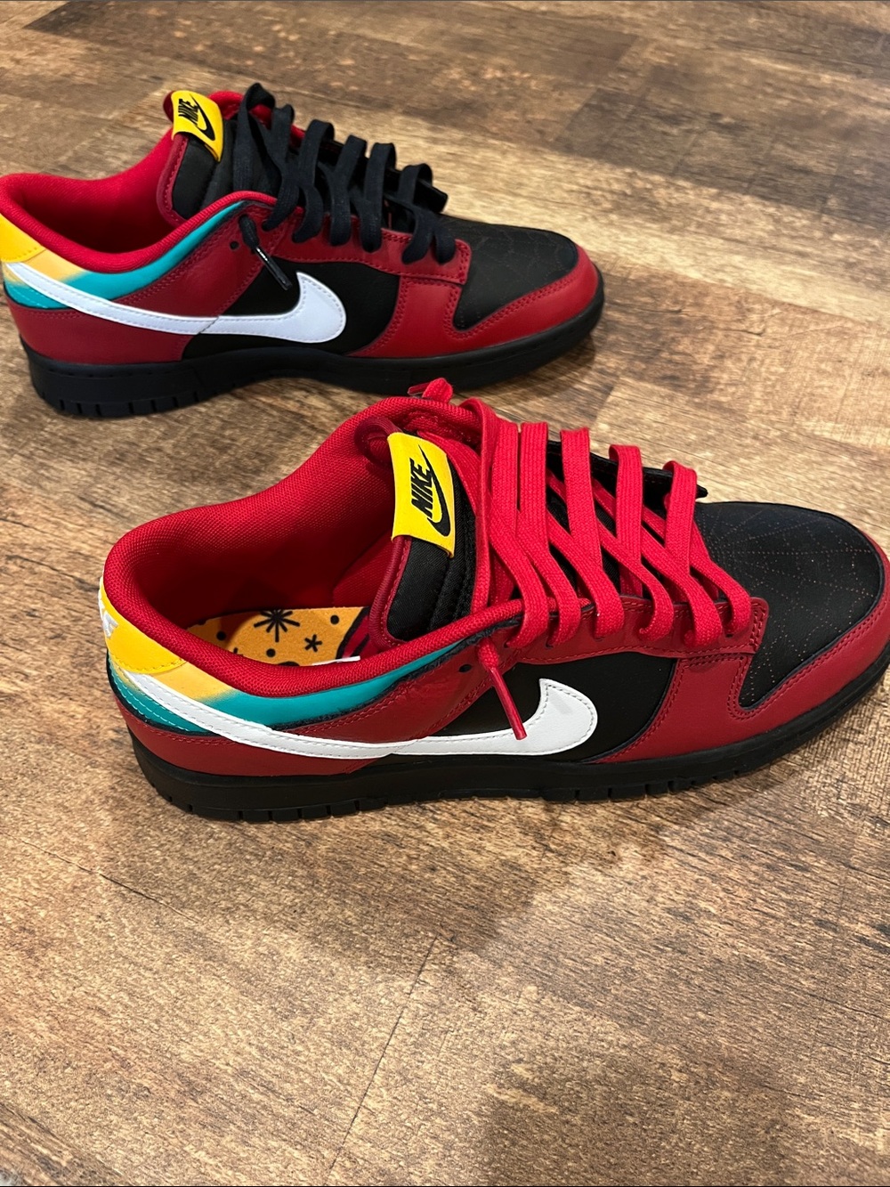 Nike Dunk Low Top Sneakers in Red, Black, White & Yellow